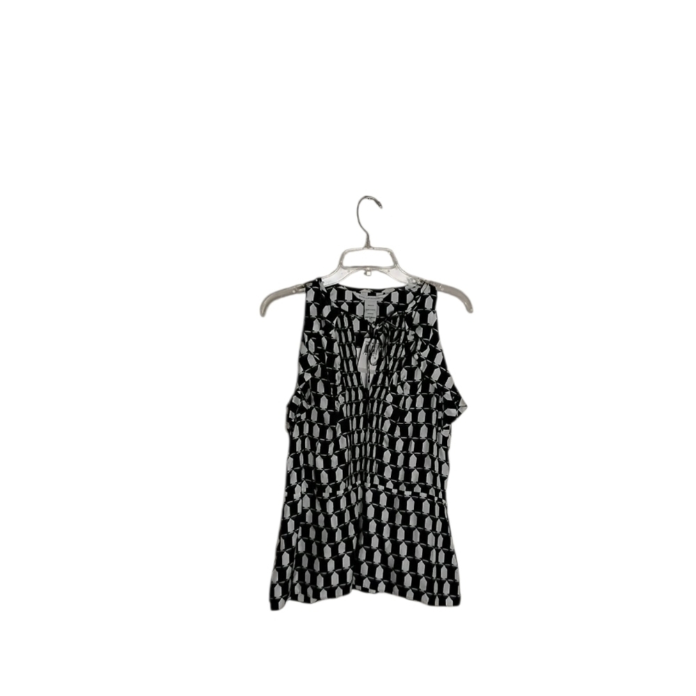 Diane Von Furstenberg Top Women's 100% Silk Black White Blue Geometric Pattern